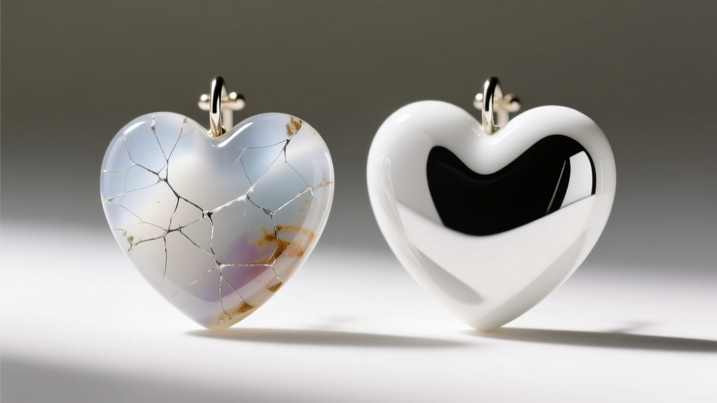 Macro photography comparing a scratched cold epoxy resin heart earring next to a pristine high-tech ceramic white heart earring.