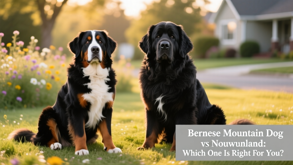 Side-by-side comparison of a Bernese Mountain Dog and a Newfoundland sitting calmly on grass