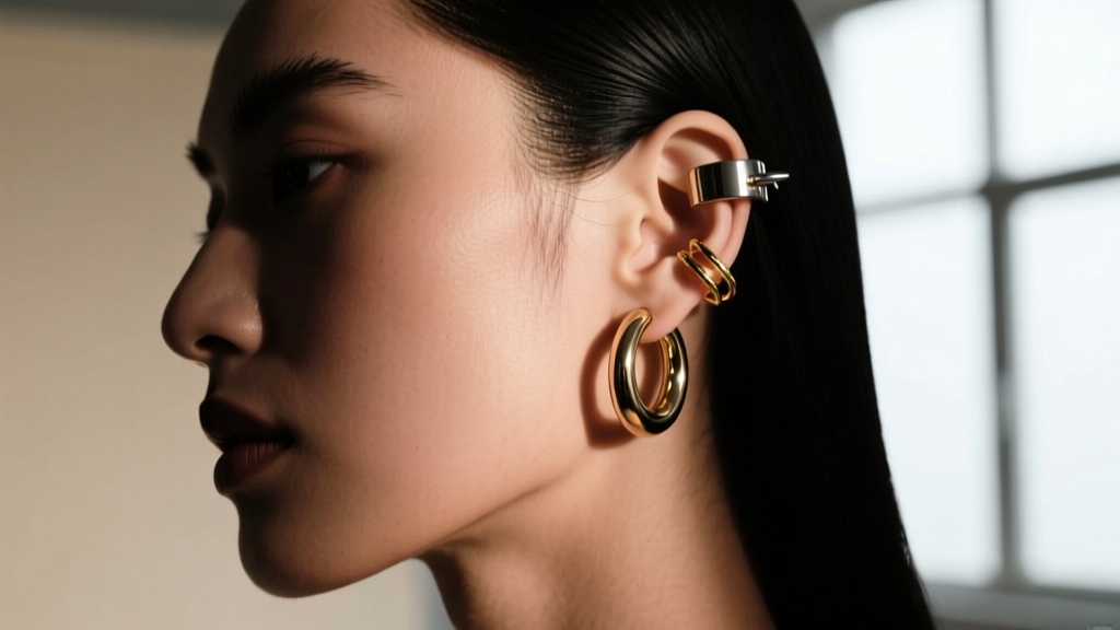 Side profile of a model wearing a mixed-metal ear stack with gold vermeil huggies and a titanium cartilage cuff, moody lighting