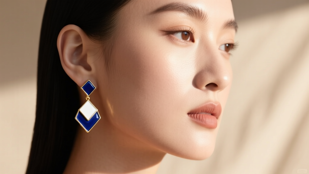 Close-up of a model wearing navy blue enamel and white gold drop earrings against a soft beige backdrop with warm natural light