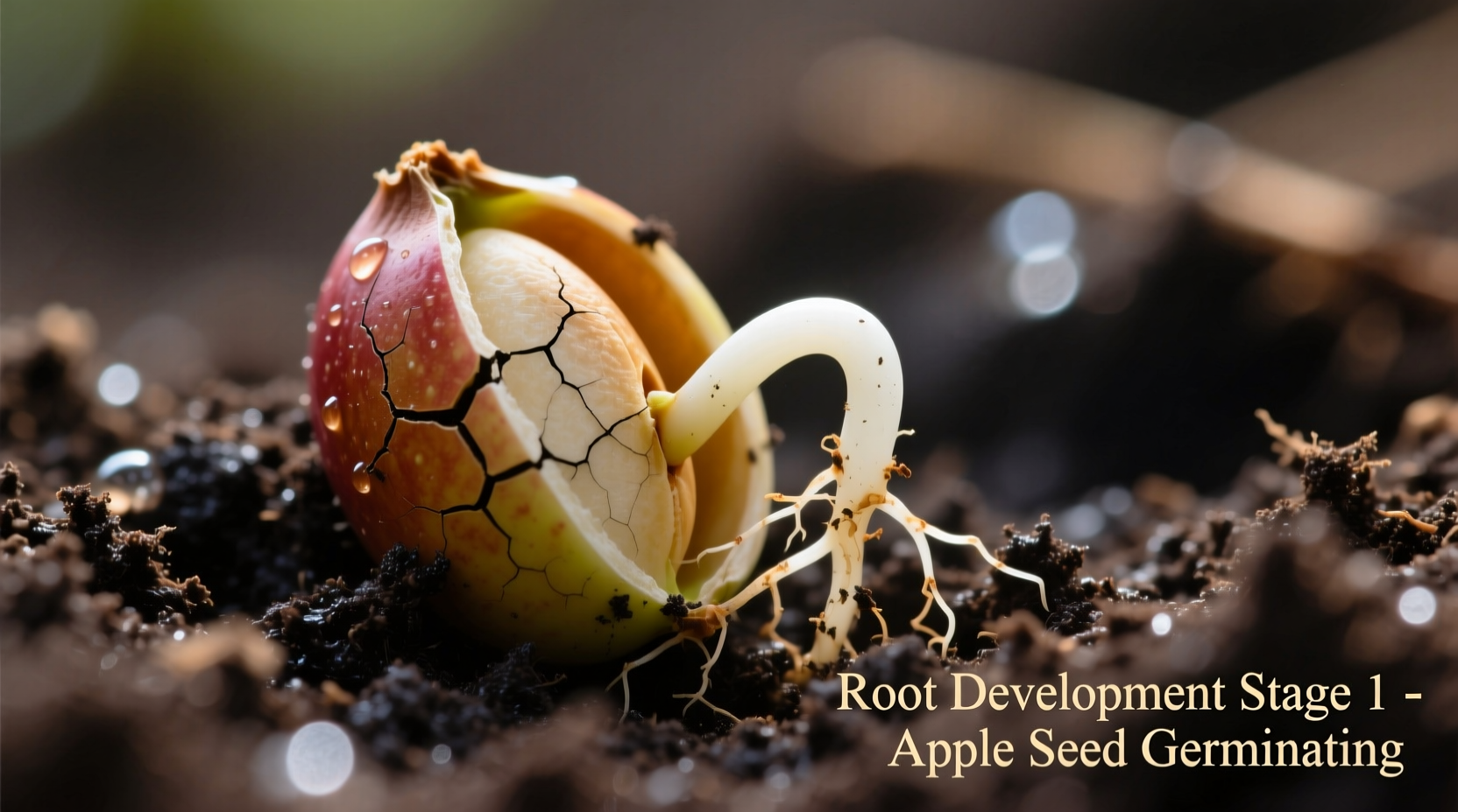 Apple seed germination process showing root development
