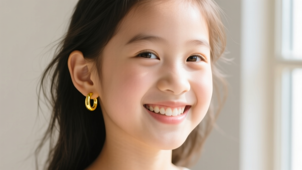 Little girl smiling, wearing 10mm 14k yellow gold micro-hoop earrings, soft natural light highlighting her earlobe and hair.