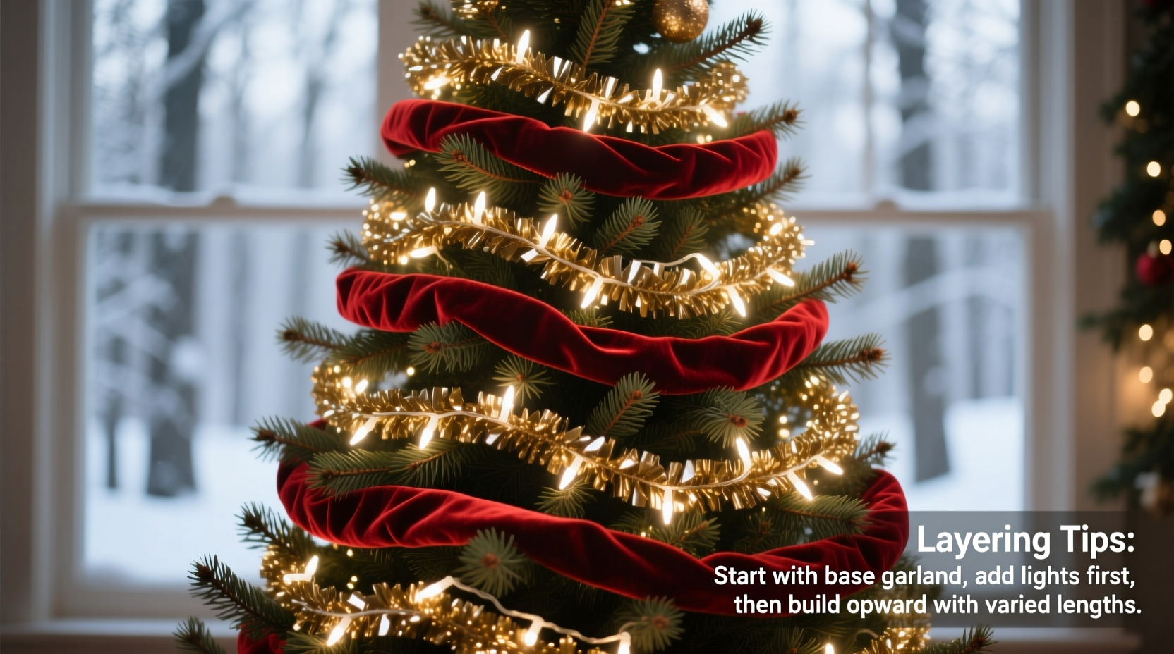 how to layer garlands and lights on a christmas tree for depth