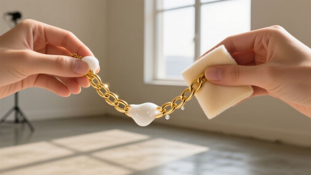 Hands applying pH-neutral jewelry cleaning foam to an 18k gold vermeil chain necklace using a soft microfiber polishing cloth.
