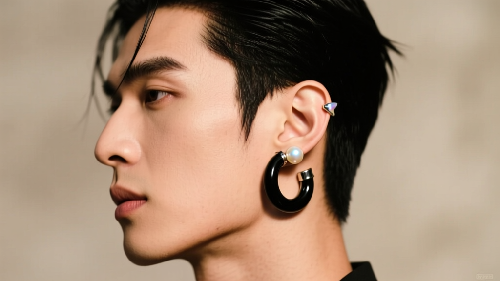 Stylish man showing an asymmetrical ear stack with a black onyx helix hoop and pearl lobe stud in soft lighting.