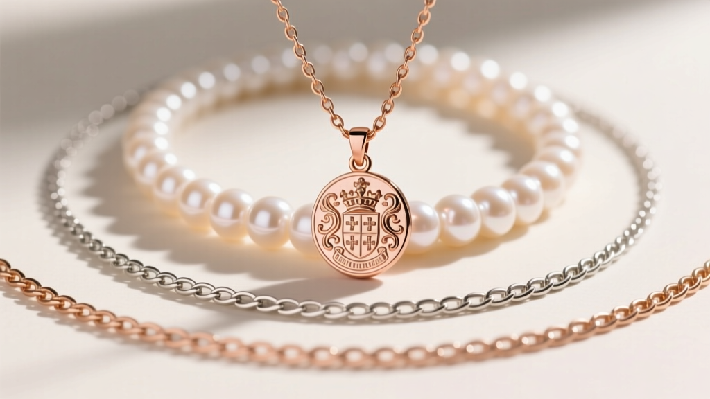 Layered stack showing a micro 12mm rose gold coat of arms pendant, paired with a pearl choker and a thin 16-inch figaro chain