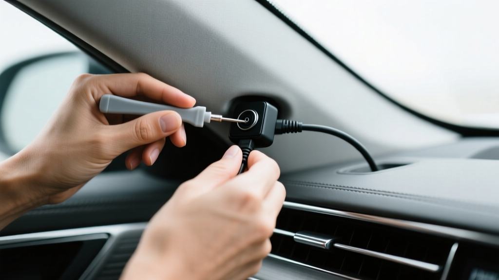 Hands using a plastic trim removal tool to tuck a black dash cam power cable behind the gray fabric headliner of a modern sedan