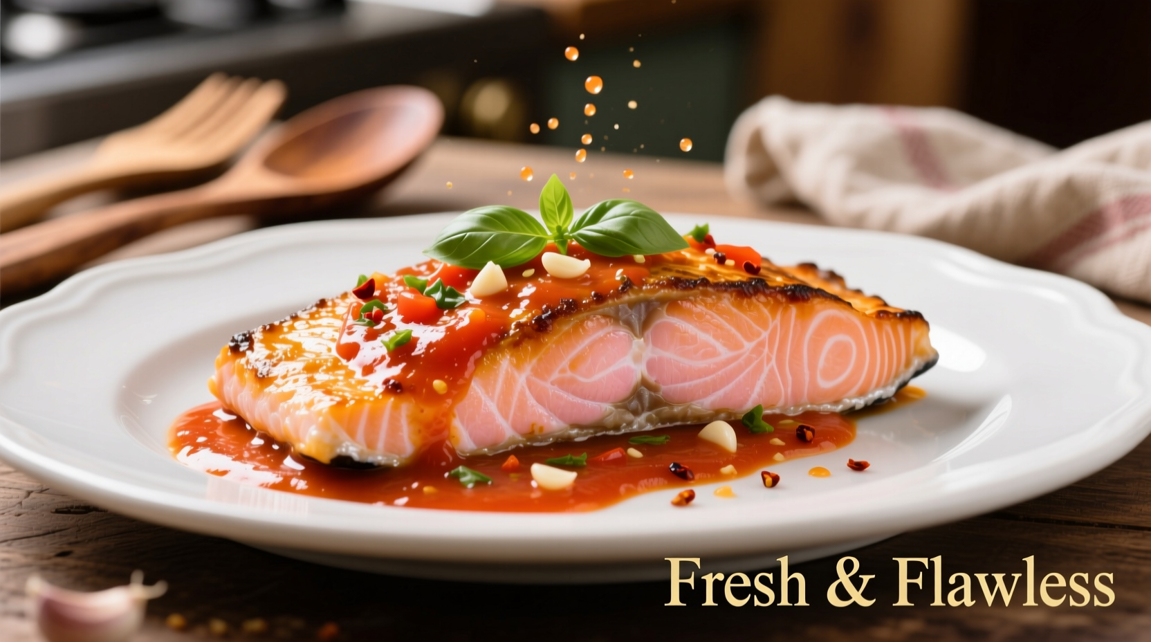 Perfectly cooked salmon with vibrant tomato sauce