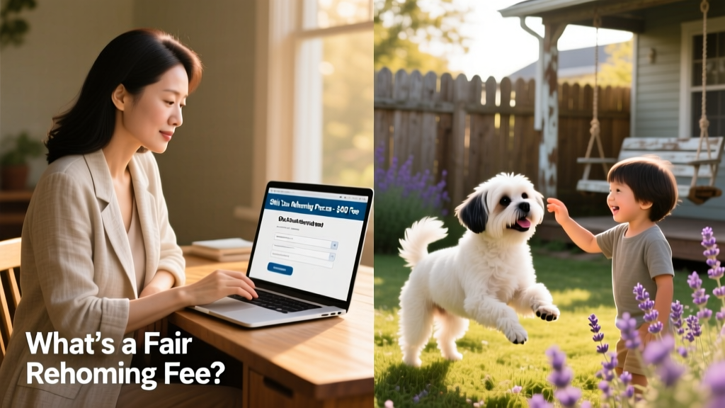 A split-screen image: left side shows a thoughtful owner reviewing an adoption application on a laptop; right side shows a happy Shih Tzu playing gently with a child in a sunlit backyard