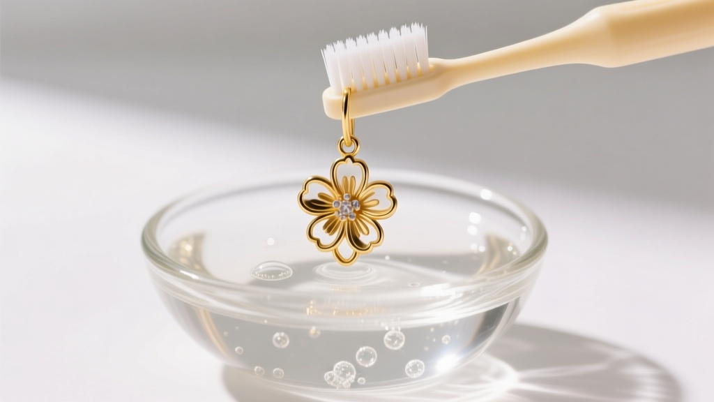Soft baby toothbrush gently cleaning a gold-plated floral drop earring in a small glass bowl filled with mild soapy distilled water