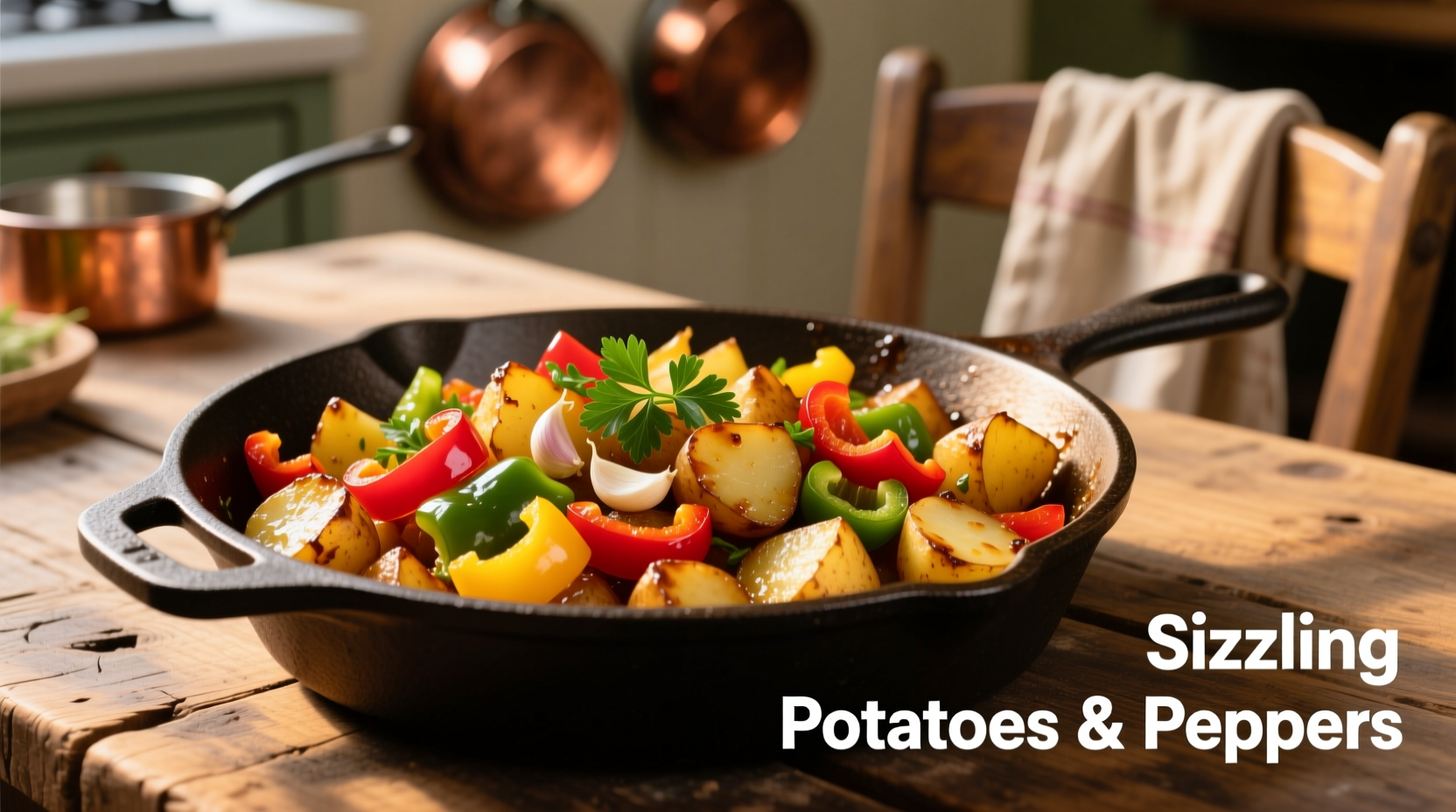 Golden brown Potato O'Brien with colorful bell peppers
