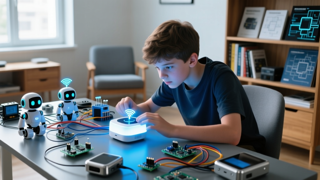 A teenager tinkering with a glowing smart home hub and mmWave sensors on a cluttered desk filled with budget AI gadgets and wiring.