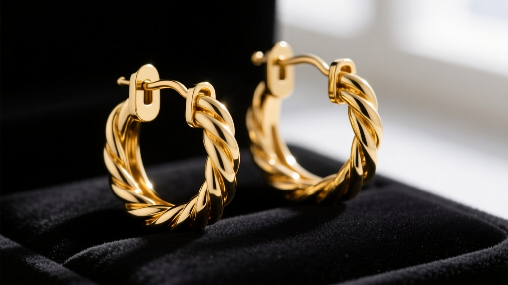 Macro shot of 14k gold twist hoops on dark velvet, soft lighting highlighting the rope texture and a secure hinged clicker clasp.