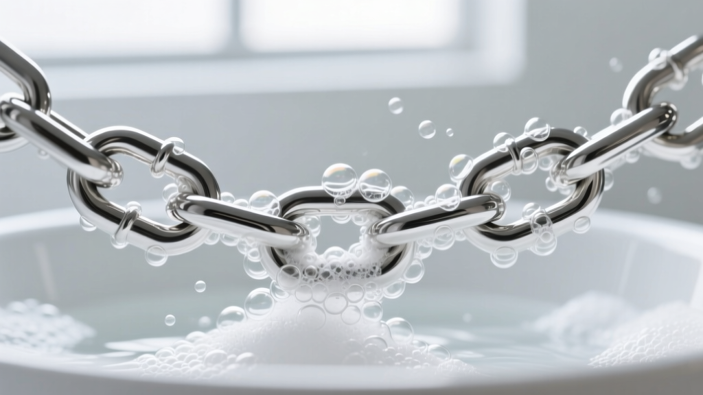 Close-up of a sterling silver chain in a baking soda and aluminum foil bath, with small bubbles forming around the metal links.