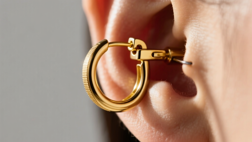 Close-up of a 14k yellow gold 20-gauge huggie earring clicking into a healed earlobe piercing, showcasing the sturdy alloy clasp