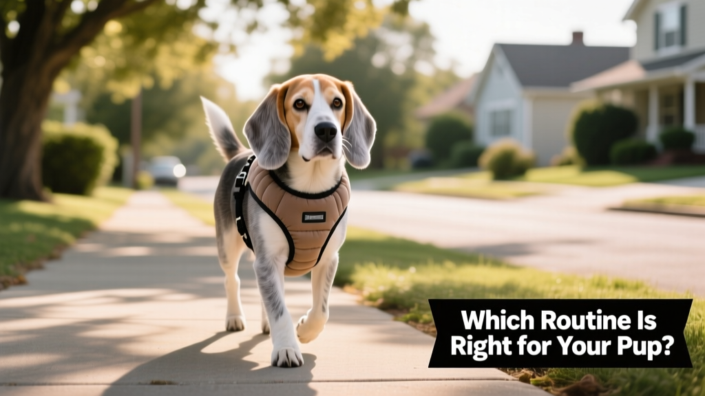 Senior beagle wearing a soft, padded step-in harness while walking gently on a shaded sidewalk