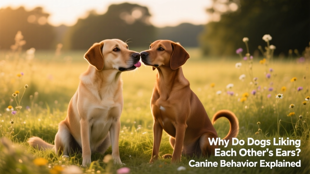 Two dogs interacting peacefully: one gently licking the ear of the other while they sit side by side
