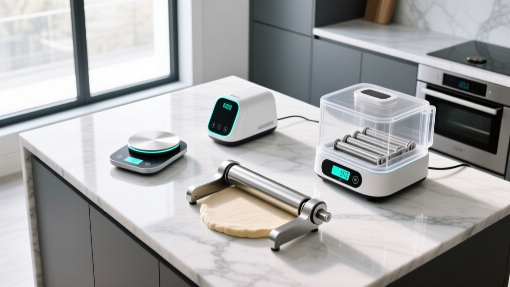 Overhead view of marble kitchen island displaying smart baking gadgets including a digital drop scale, dough sheeter, and precision proofer