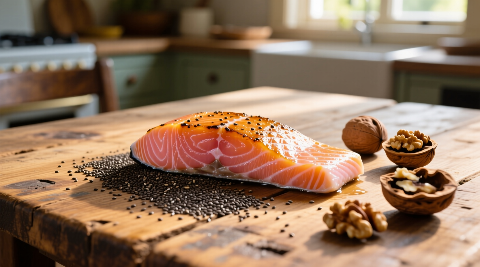 Fresh salmon, chia seeds, and walnuts arranged on wooden table