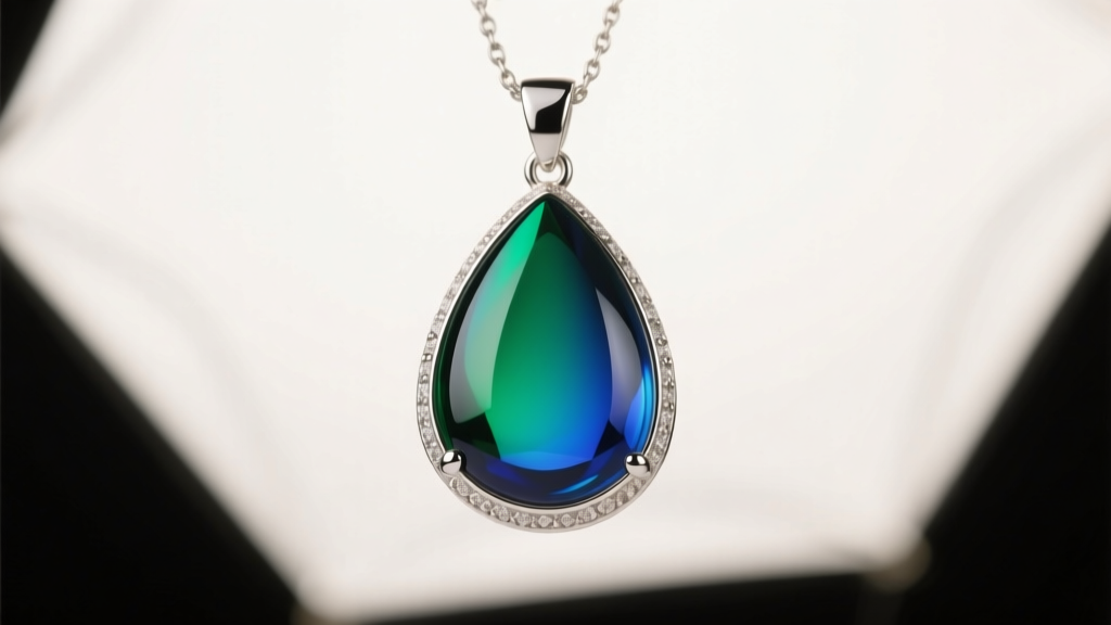 Macro shot of a teardrop thermochromic mood pendant in sterling silver, shifting from green to blue under warm studio lighting.