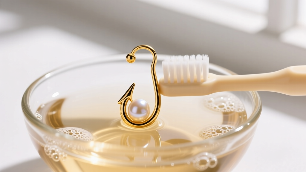 Glass bowl with warm soapy water and a soft baby toothbrush gently scrubbing a delicate 14k gold fishhook earring featuring a small pearl.