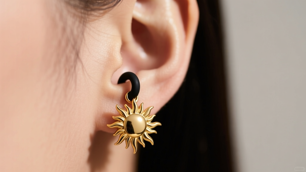 Close-up of an earlobe wearing a gold sun earring, secured with a silicone O-ring back to stop the heavy face from tilting.