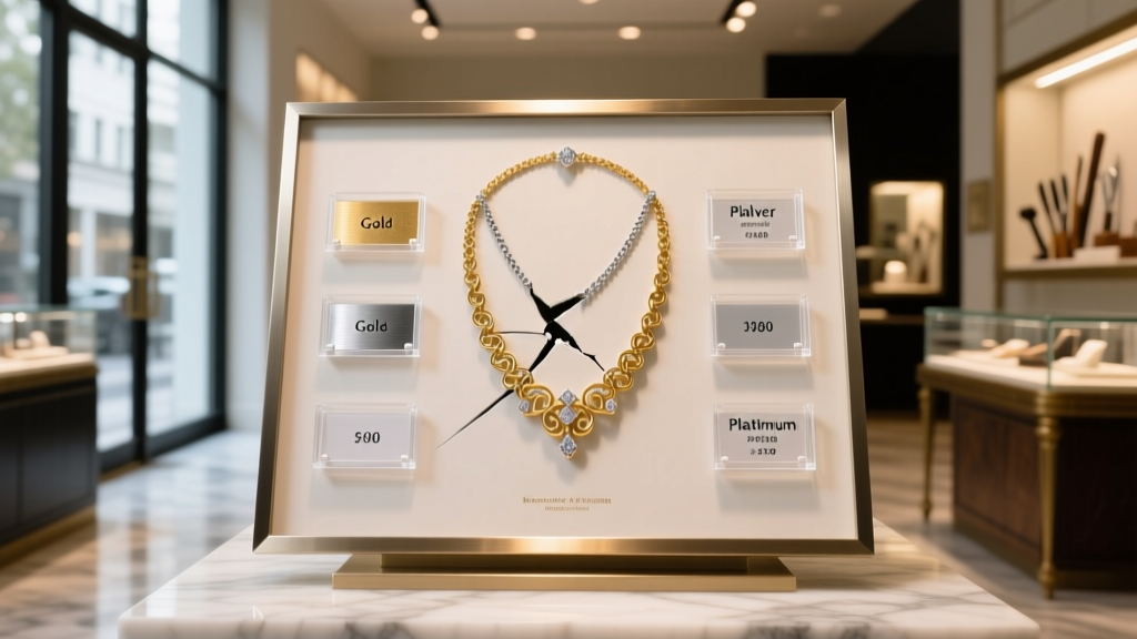 Jeweler pricing menu board displaying broken necklace repair costs for gold, silver, and platinum chain restorations