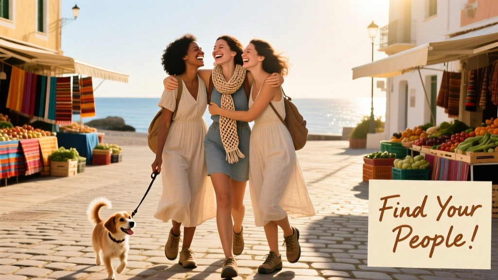 Three women embracing each other and smiling, representing joyful connection during travel