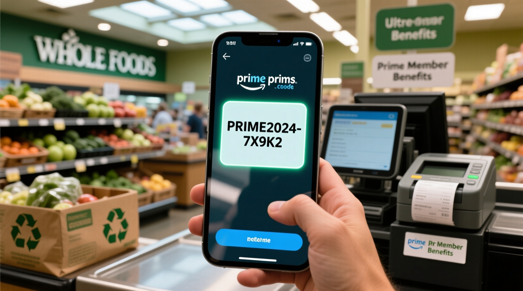 Amazon Prime code displayed in mobile app at Whole Foods checkout