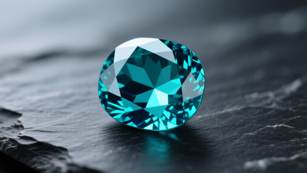 Close-up of a loose unheated Montana teal sapphire on dark slate, highlighting internal silk inclusions and distinct color zoning.