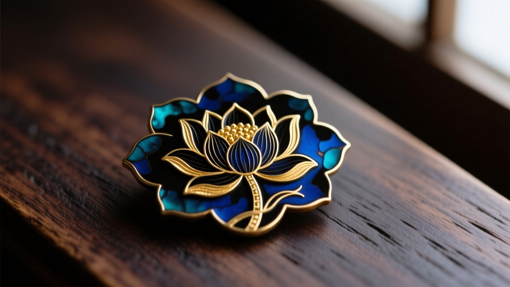 Close-up of a Japanese Shakudo brooch showing deep blue-black patina and gold inlay lotus motifs resting on dark walnut wood