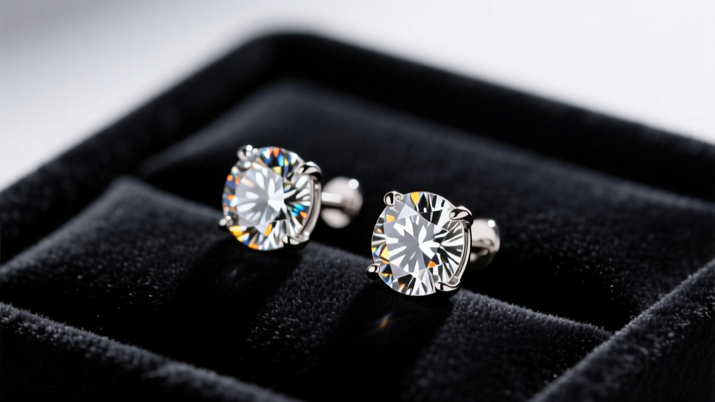 Close-up of sparkling 2.5 carat diamond stud earrings in platinum martini settings resting on a dark velvet jewelry tray.