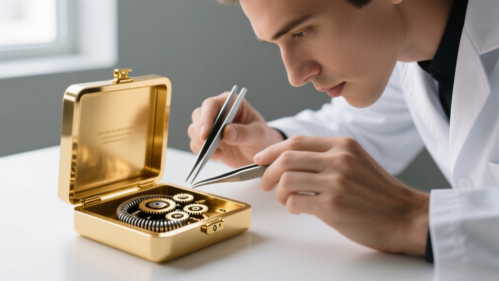 Jeweler using tweezers to inspect the internal steel spring mechanism inside an open 18k gold box clasp with a safety catch