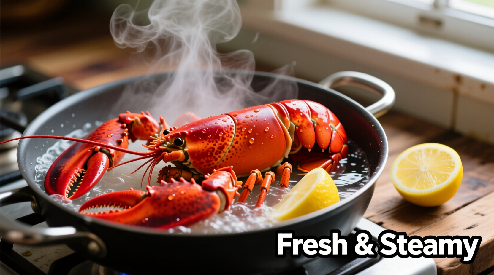 Fresh lobster tails in boiling water with lemon