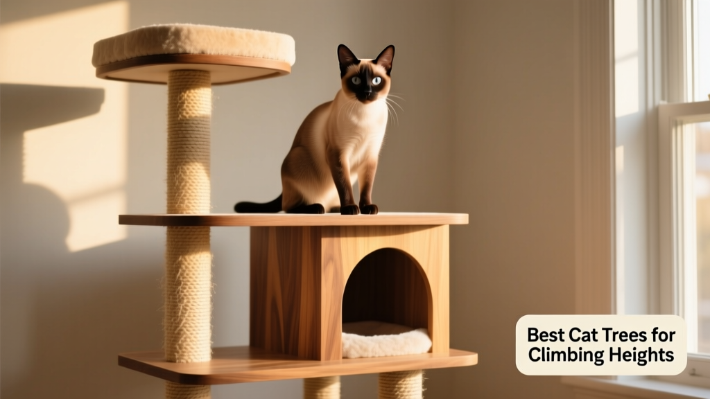 A cat perched confidently on a multi-level cat tree with platforms, a condo, and sisal posts