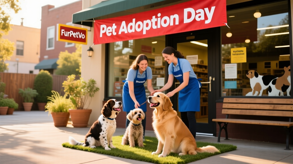 FurPetVo store exterior with a 'Pet Adoption Day' banner and volunteers interacting with adoptable dogs