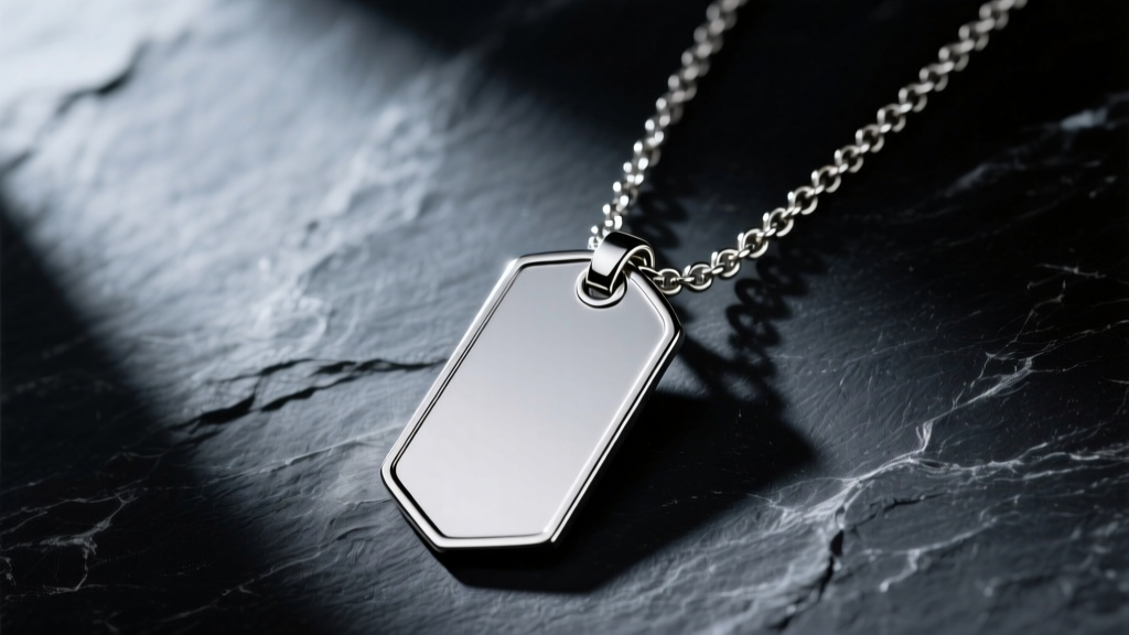 Polished 316L stainless steel military tag necklace on dark slate, dramatic lighting highlighting beveled edges and steel chain.
