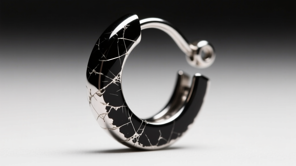 Extreme close-up of a black rhodium plated earring hook showing micro-scratches and silver base metal bleeding through the finish.