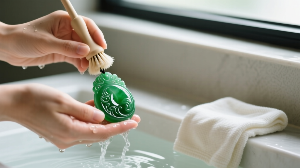 Hands gently washing a carved jade pendant in lukewarm soapy water using a soft baby-hair brush, with a microfiber cloth nearby.