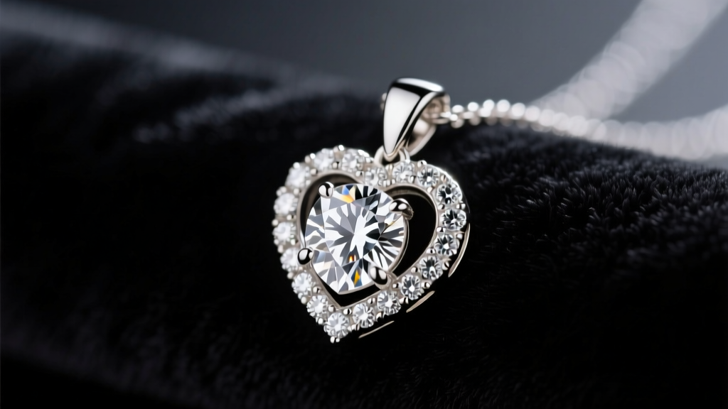 Close-up of a sparkling 14k white gold diamond heart pendant necklace resting on dark velvet under soft studio lighting.