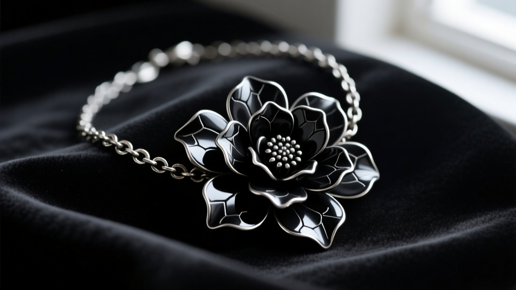 Close-up of a gothic black flower necklace with dark enamel petals and an oxidized silver chain resting on a dark velvet display