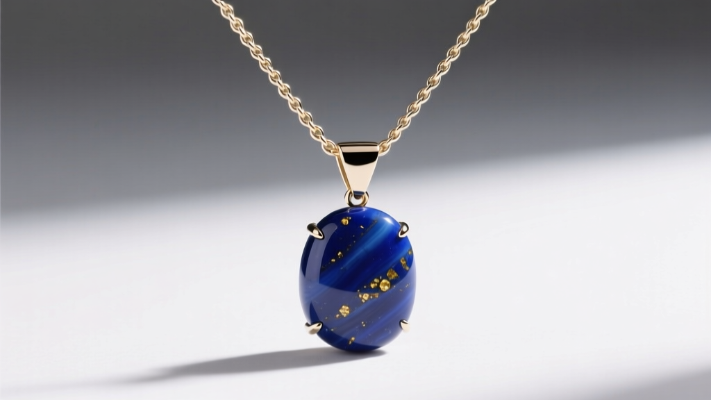 Delicate 14k white gold cable chain holding a heavy lapis pendant, showing high tension and a sharp V-angle at the metal bail.