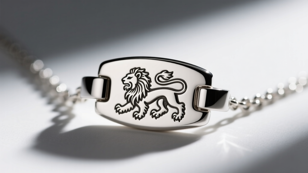 Close-up of a silver necklace clasp showing stamped hallmarks, including a lion passant, under bright jeweler