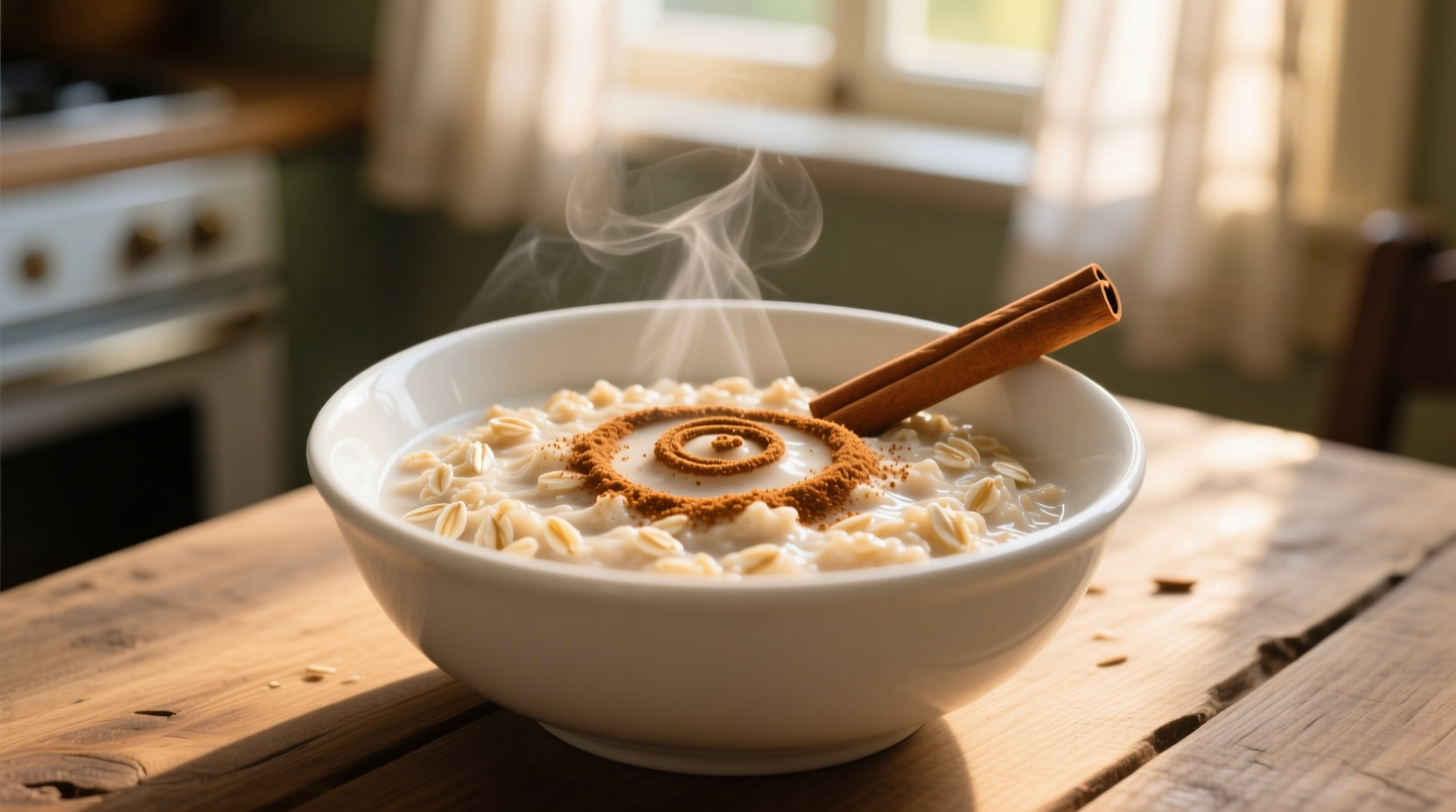 Creamy old fashioned oatmeal in white bowl with cinnamon