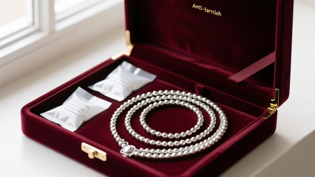 Velvet jewelry box containing anti-tarnish strips, silica gel packets, and neatly coiled sterling silver beaded necklaces.