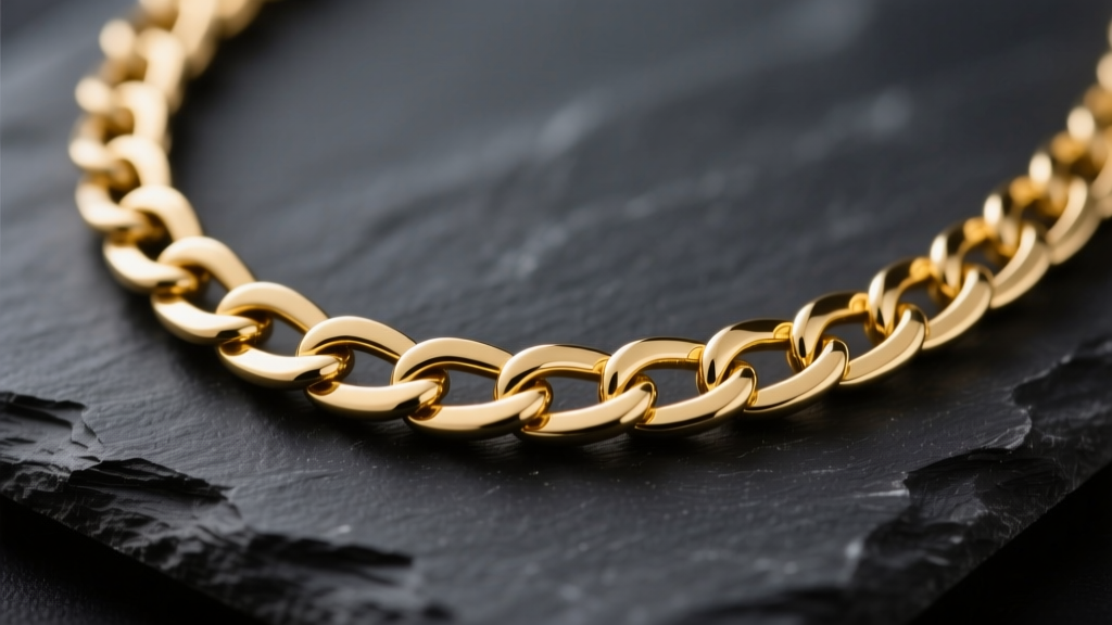 Macro photo of gold plated brass necklace chain on dark slate showing intricate links and bright luster under soft studio lights.