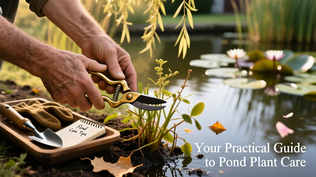 Close-up of hands pruning marginal plants at pond edge, with tools and trimmed stems nearby