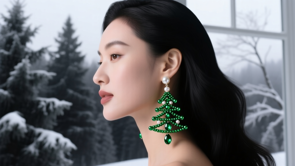 Side profile of a woman wearing pearl and green tourmaline beaded Christmas tree drop earrings against a dark winter backdrop