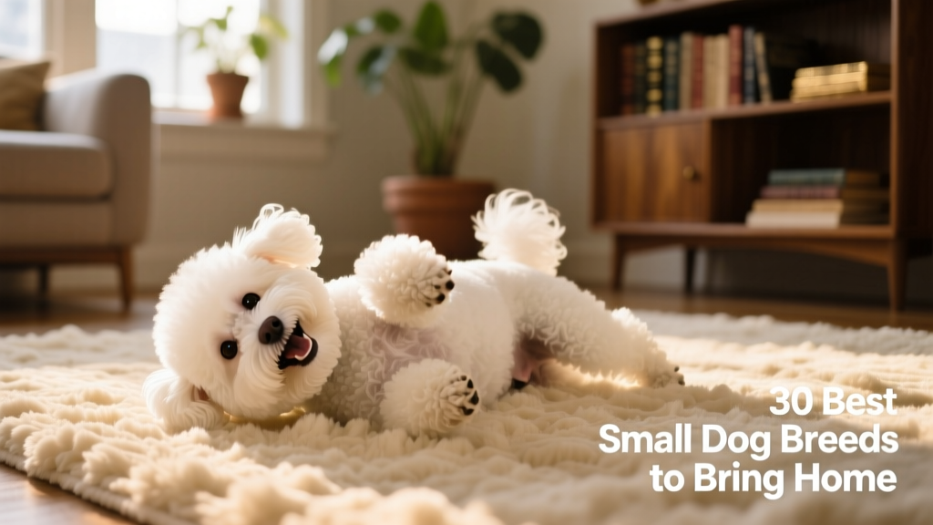 A Bichon Frise happily rolling on a plush rug, its cloud-like white coat glowing in natural light