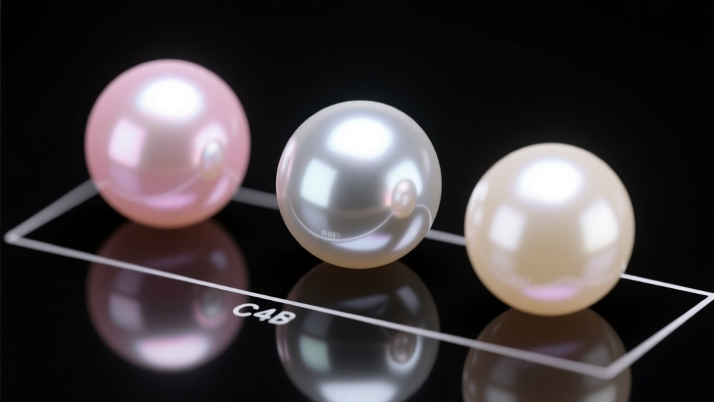 Close-up of three graduated Akoya pearls showing high luster and sharp reflections on a dark gemological grading mat